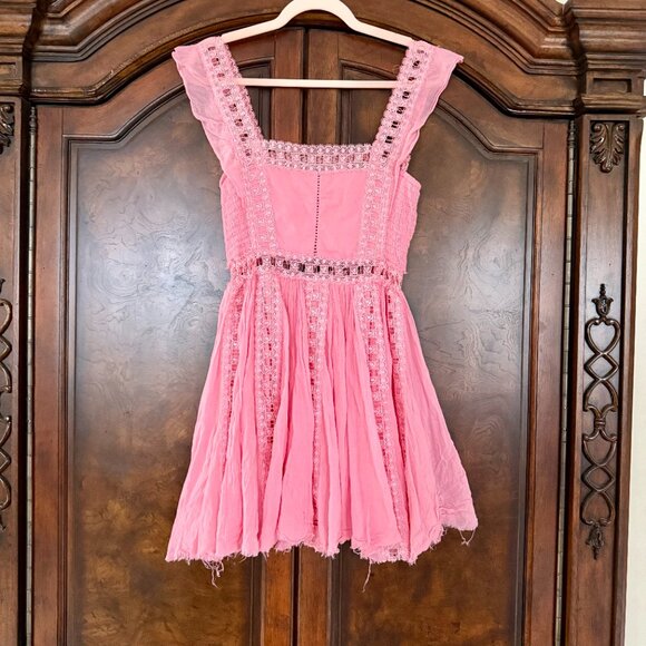 Free People Verona Lace Crochet, Cotton Mini Dress - Pink - Size Small - Picture 7 of 13
